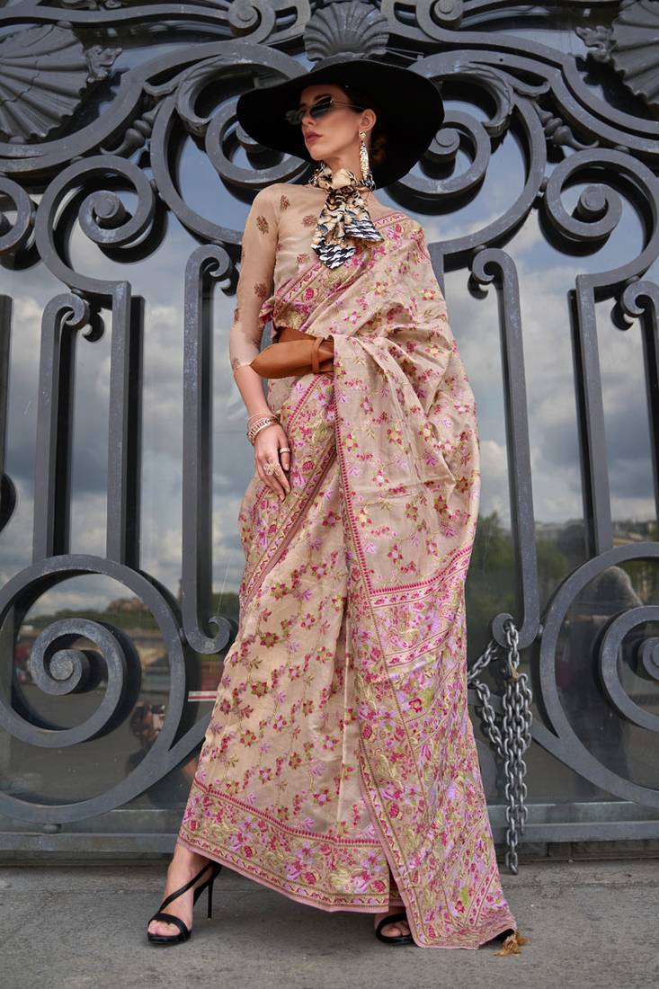 Beige Graceful Organza Silk Parsi Handloom Weaving Saree with Blouse Piece