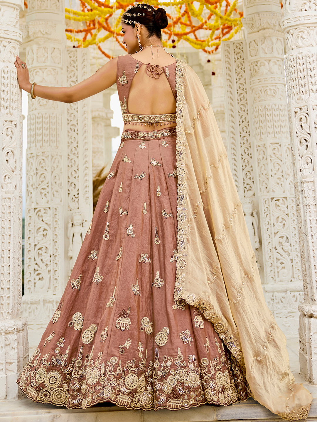 Beige Luxury Satin Silk Beads & Sequin Embroidery Work Lehenga Choli with Dupatta – 4.2 Meter Grand Flair, Fully Stitched