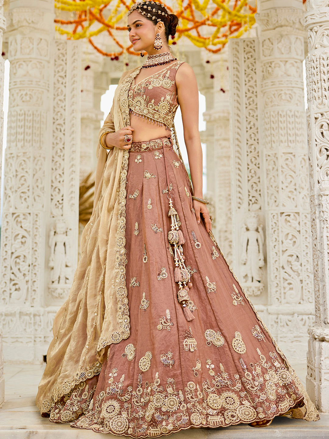 Beige Luxury Satin Silk Beads & Sequin Embroidery Work Lehenga Choli with Dupatta – 4.2 Meter Grand Flair, Fully Stitched