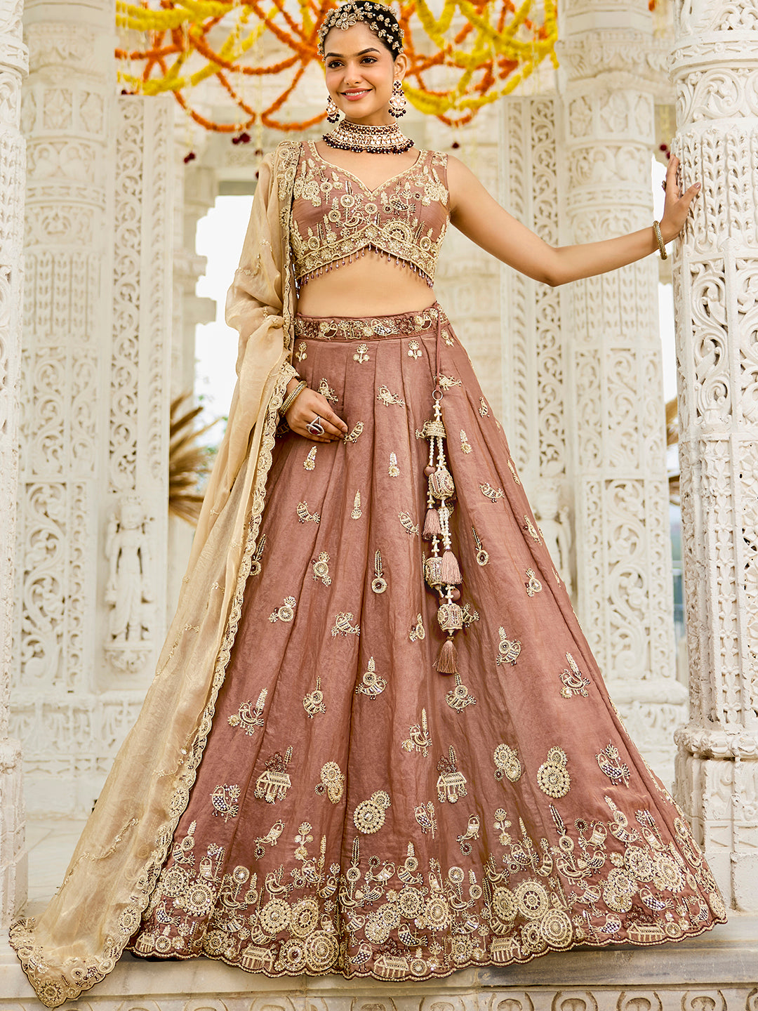 Beige Luxury Satin Silk Beads & Sequin Embroidery Work Lehenga Choli with Dupatta – 4.2 Meter Grand Flair, Fully Stitched