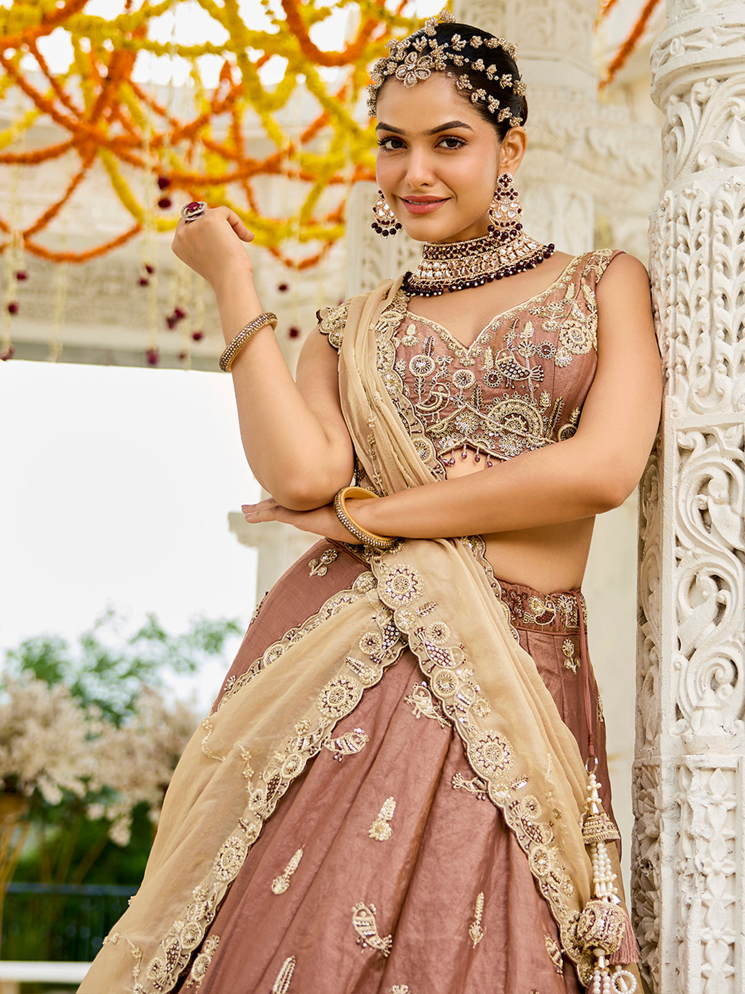 Beige Luxury Satin Silk Beads & Sequin Embroidery Work Lehenga Choli with Dupatta – 4.2 Meter Grand Flair, Fully Stitched