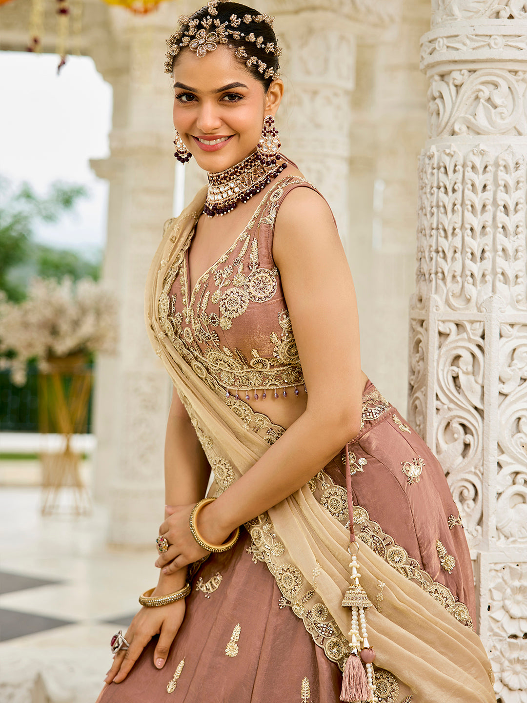 Beige Luxury Satin Silk Beads & Sequin Embroidery Work Lehenga Choli with Dupatta – 4.2 Meter Grand Flair, Fully Stitched