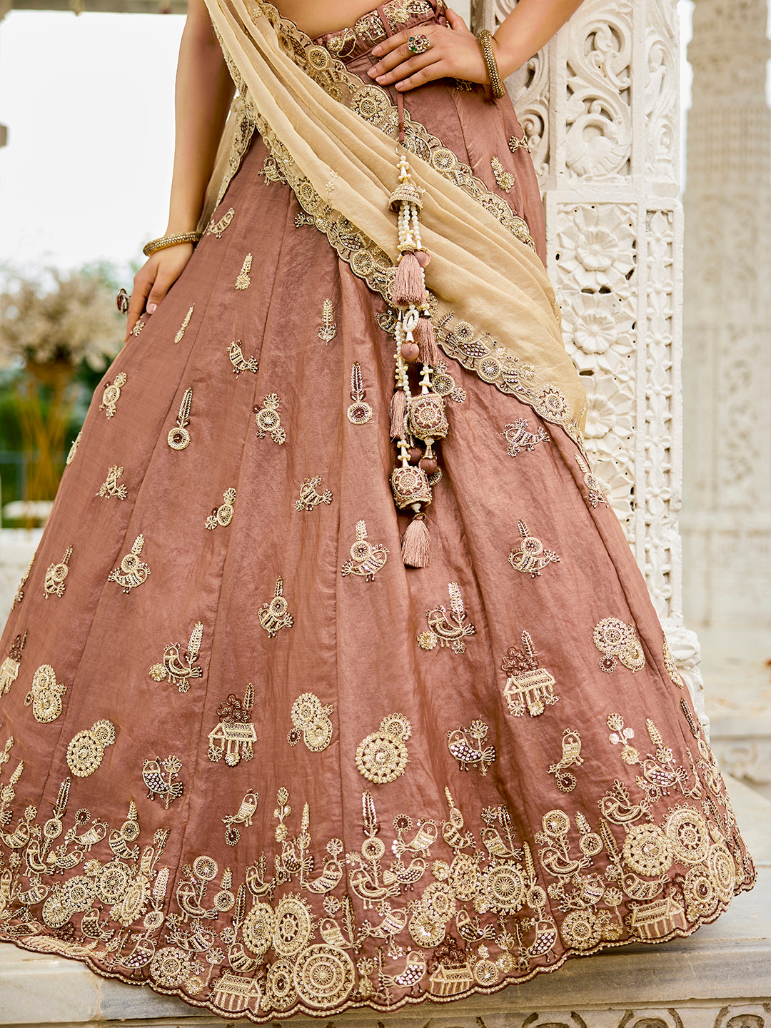 Beige Luxury Satin Silk Beads & Sequin Embroidery Work Lehenga Choli with Dupatta – 4.2 Meter Grand Flair, Fully Stitched