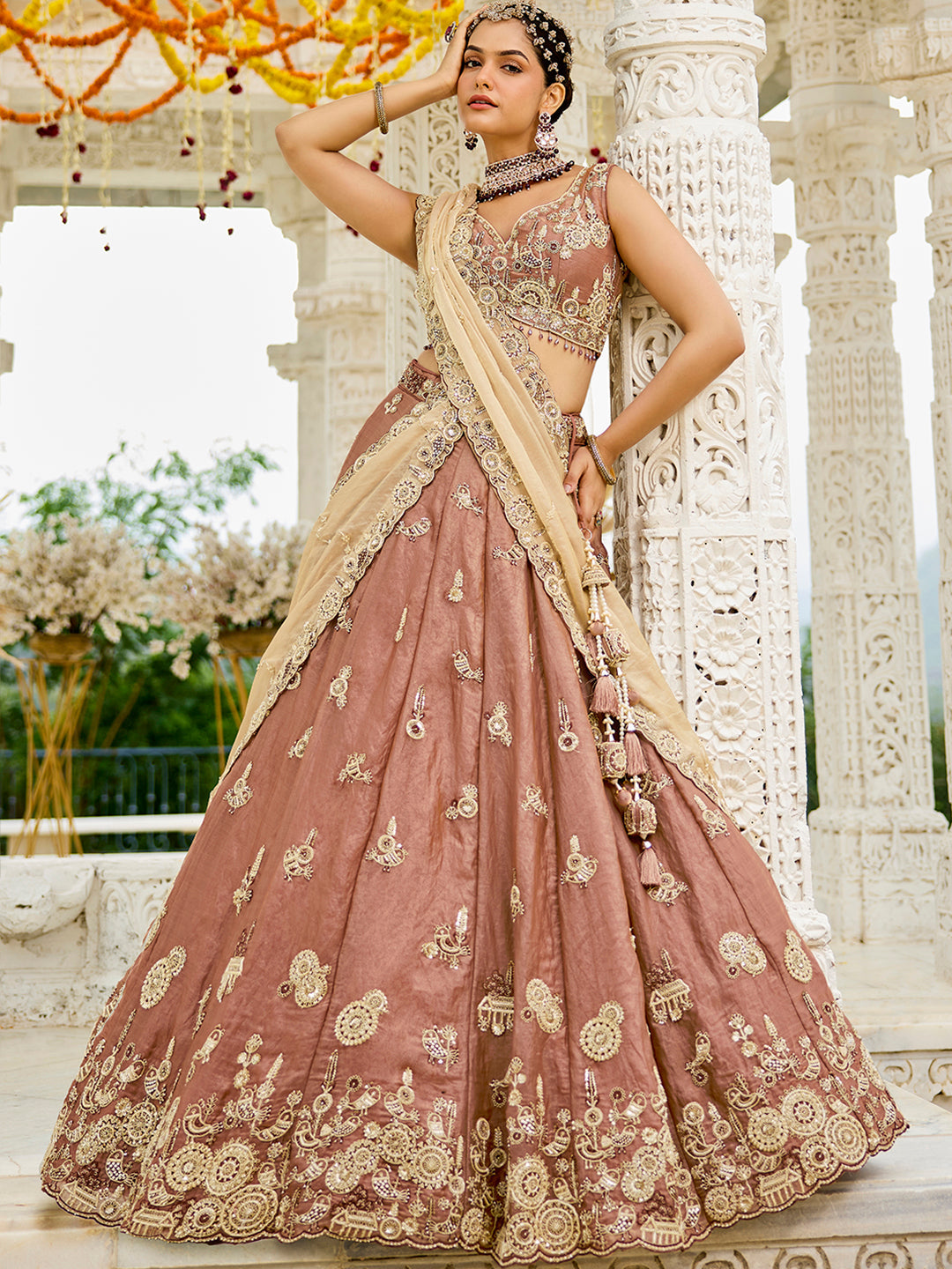 Beige Luxury Satin Silk Beads & Sequin Embroidery Work Lehenga Choli with Dupatta – 4.2 Meter Grand Flair, Fully Stitched