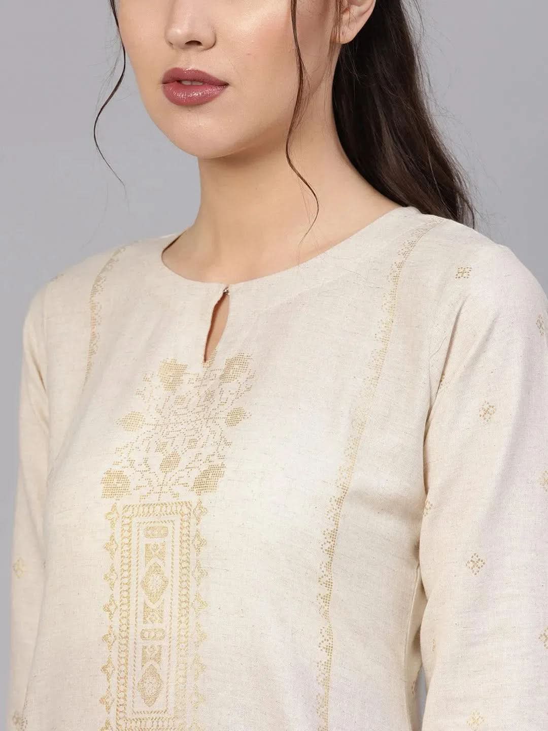 Anouk Beige Printed Cotton Kurta
