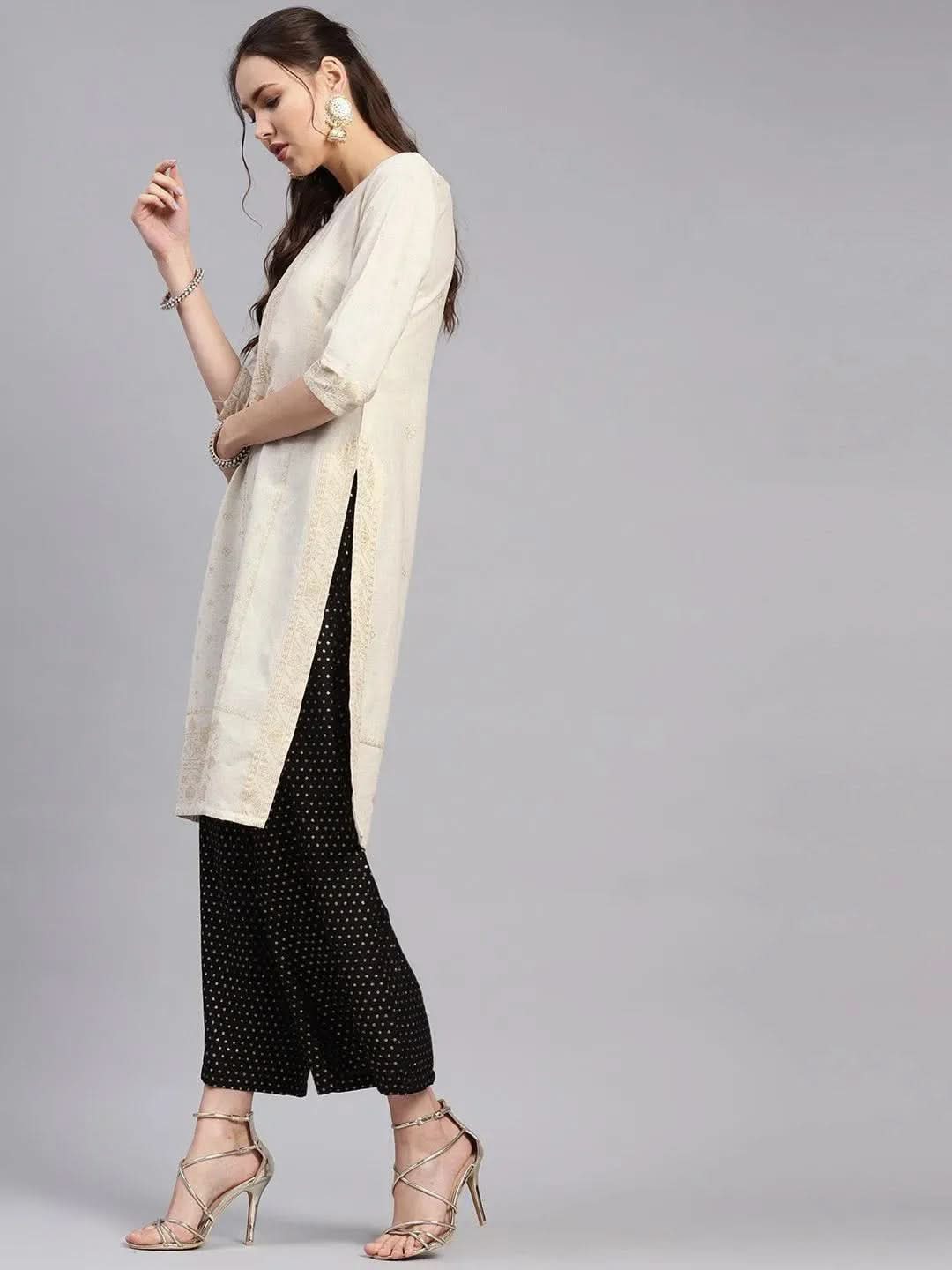 Anouk Beige Printed Cotton Kurta
