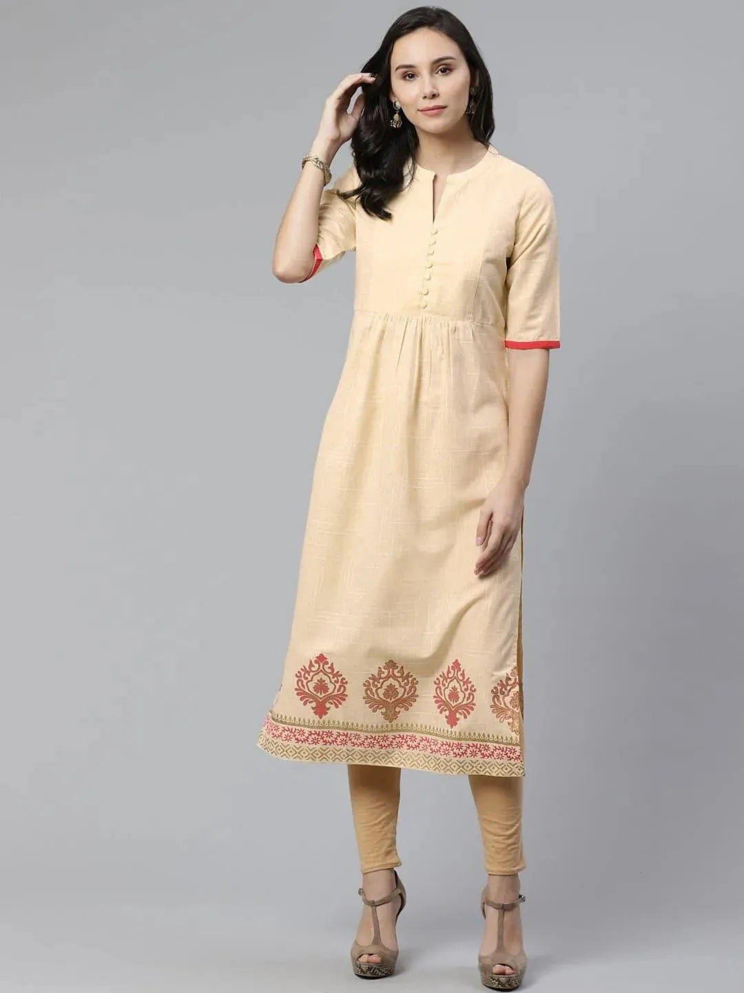 Anouk Beige Printed Cotton Kurti