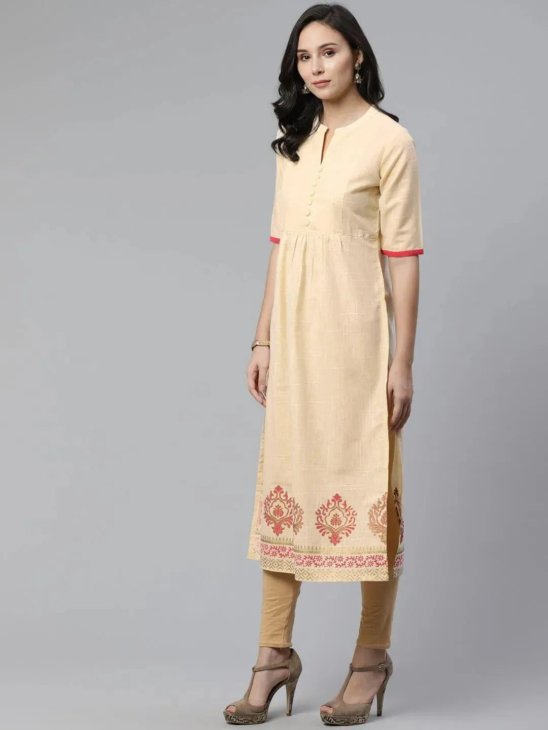 Anouk Beige Printed Cotton Kurti