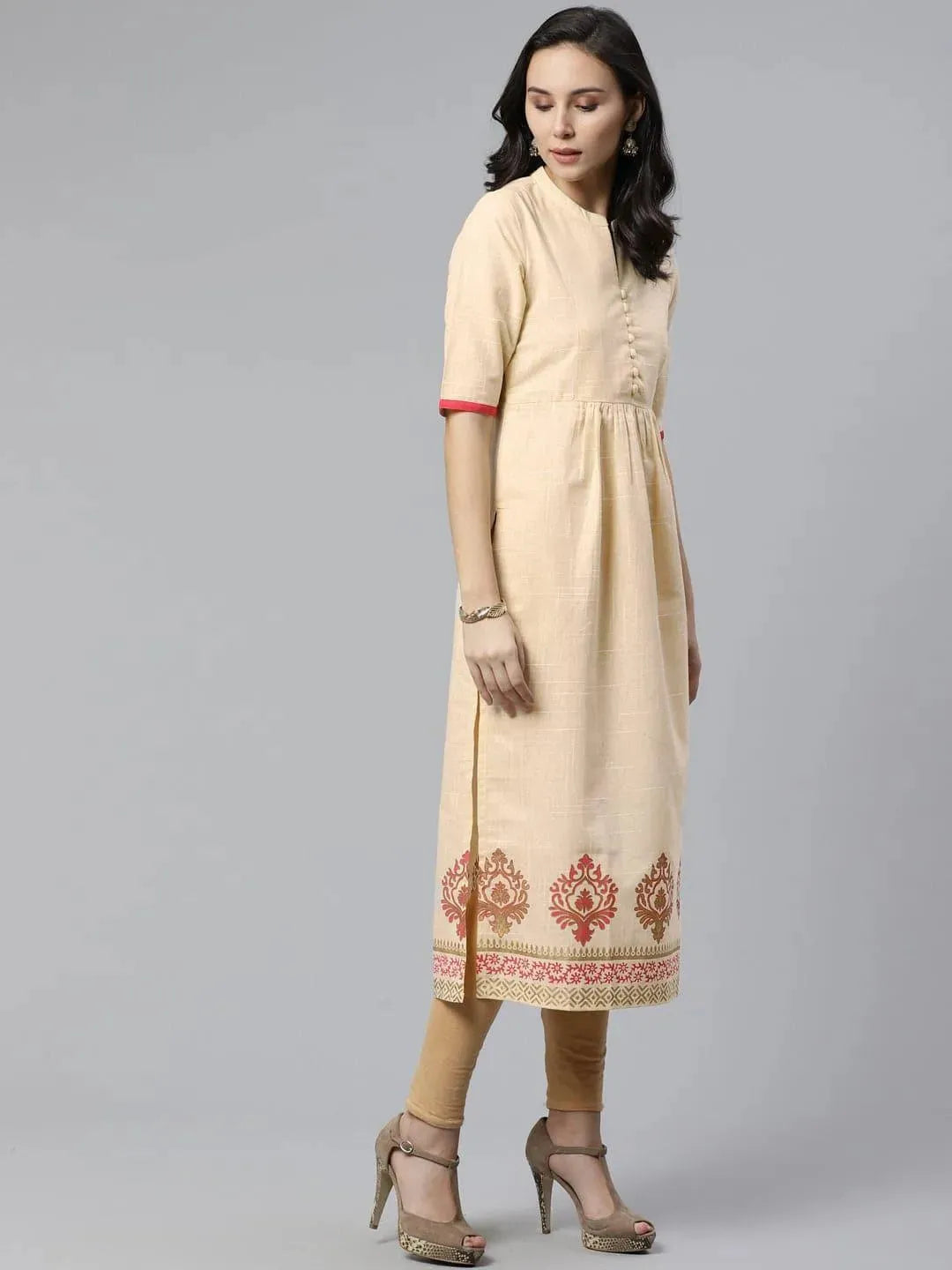 Anouk Beige Printed Cotton Kurti