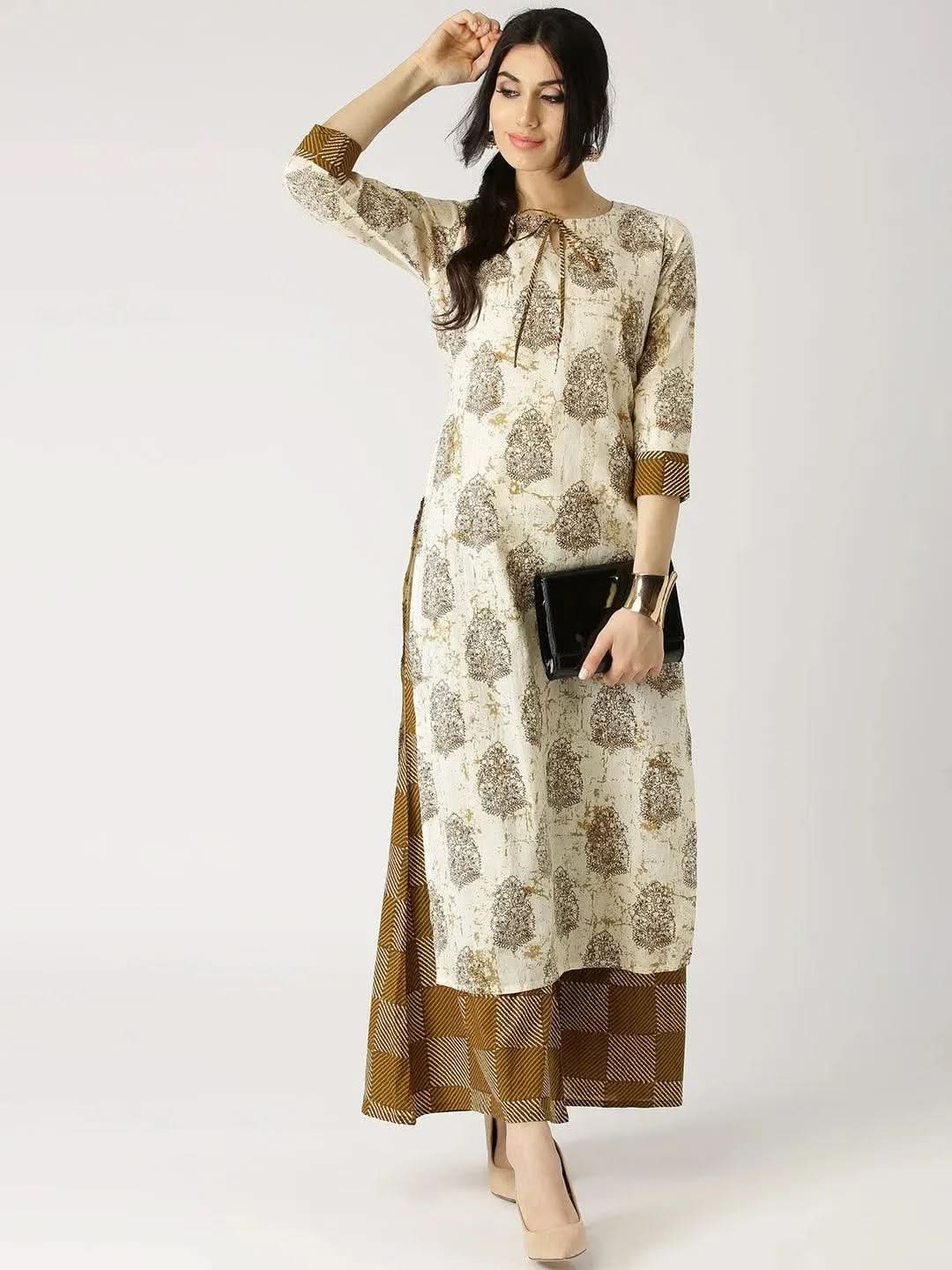 Anouk Beige Printed Cotton Straight Kurta With Palazzos