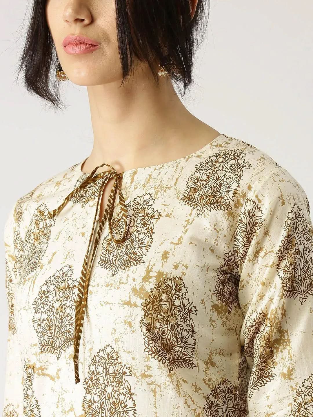 Anouk Beige Printed Cotton Straight Kurta With Palazzos