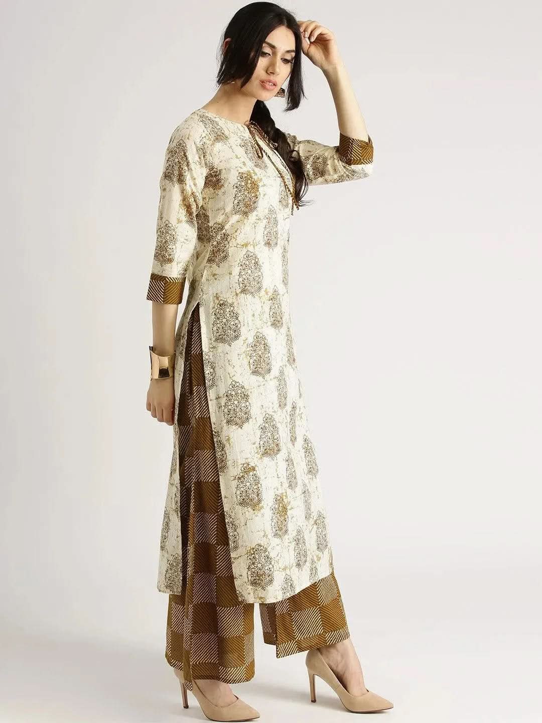 Anouk Beige Printed Cotton Straight Kurta With Palazzos