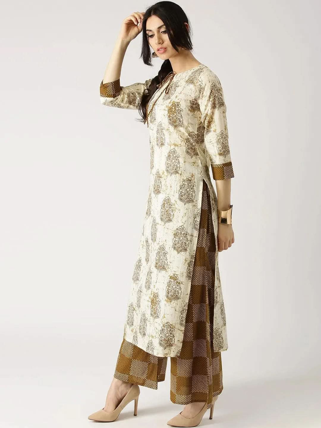 Anouk Beige Printed Cotton Straight Kurta With Palazzos
