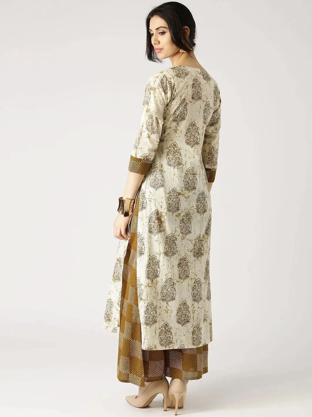Anouk Beige Printed Cotton Straight Kurta With Palazzos
