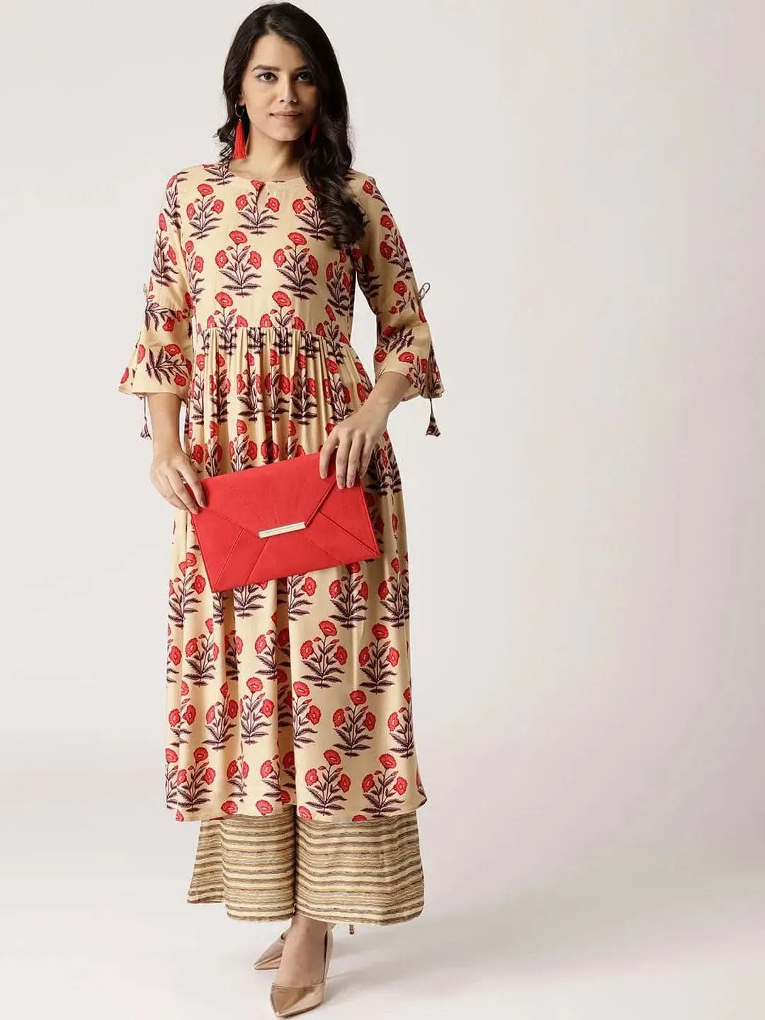 Anouk Beige Printed Rayon Anarkali Kurta With Palazzos