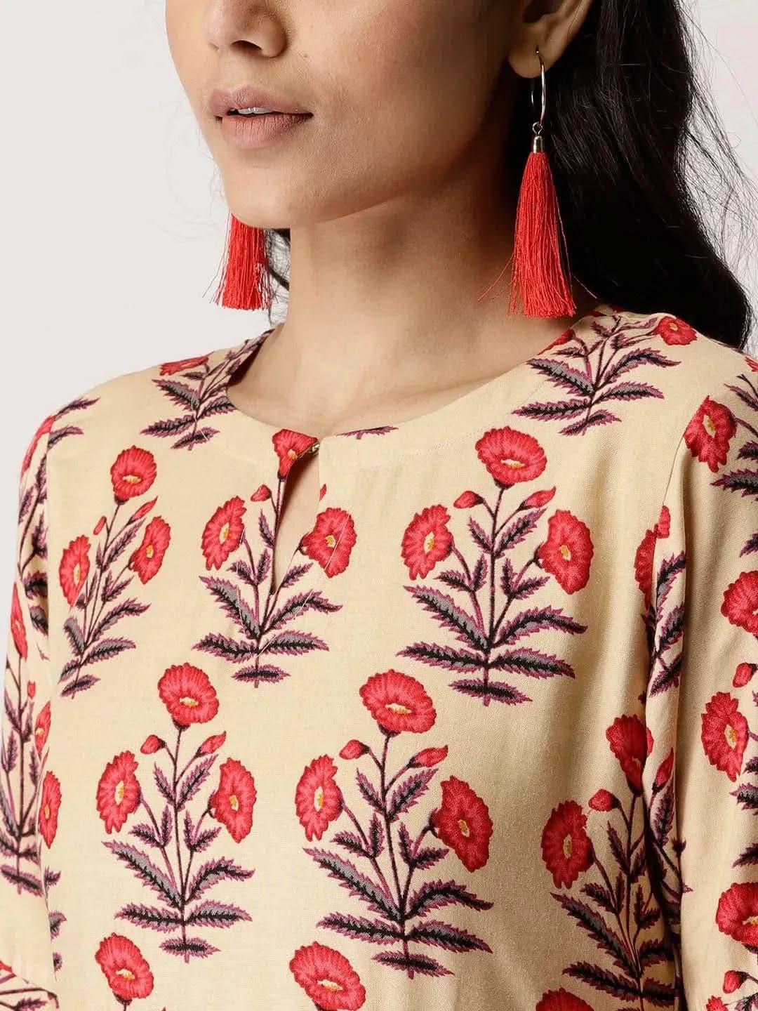 Anouk Beige Printed Rayon Anarkali Kurta With Palazzos