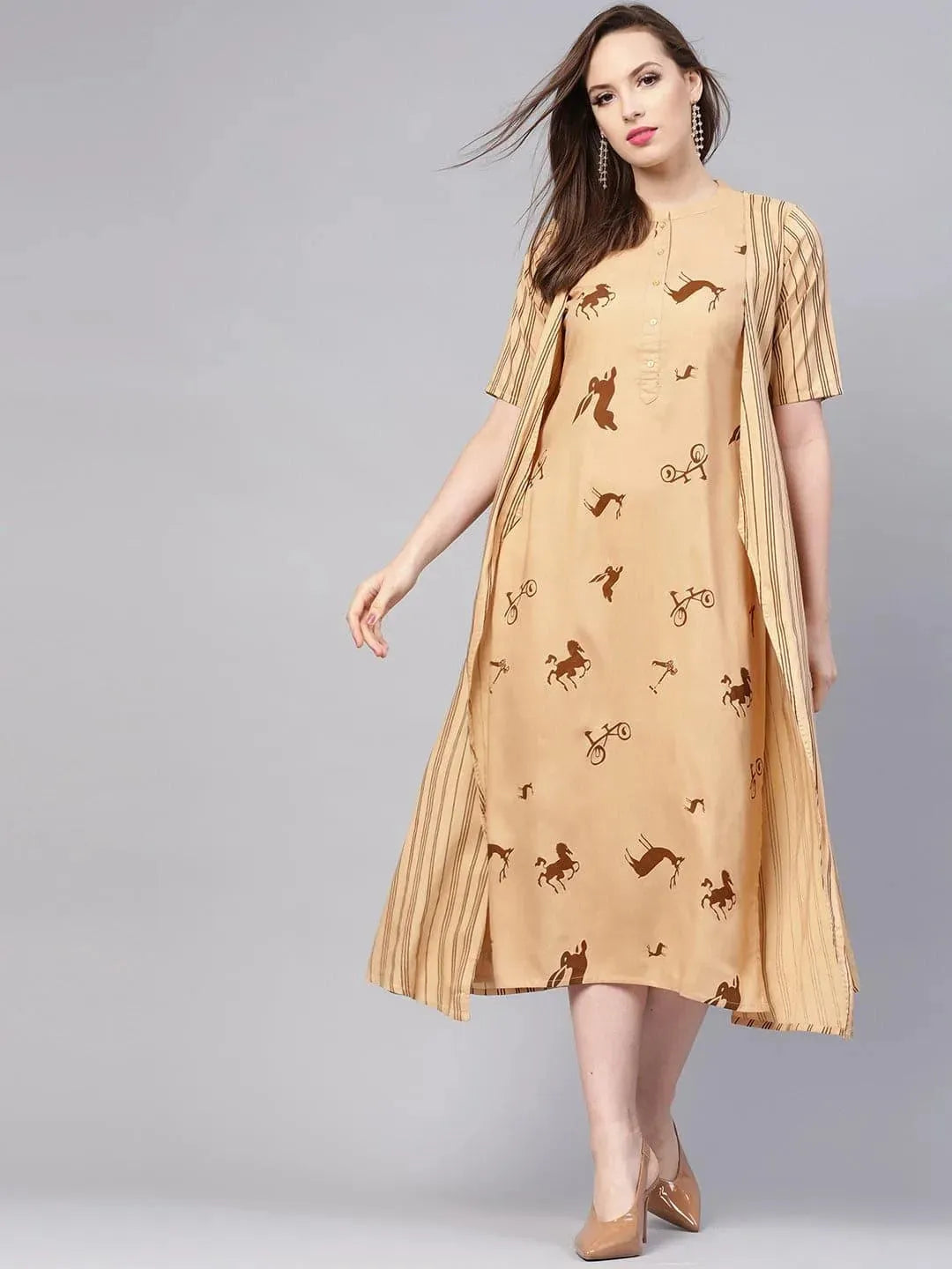 Anouk Beige Printed Rayon Dress With Jacket