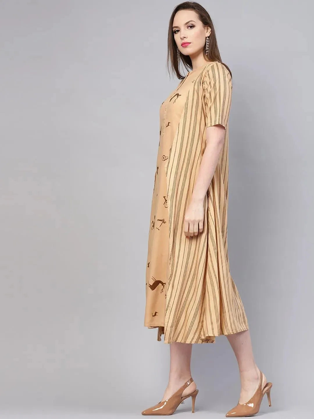 Anouk Beige Printed Rayon Dress With Jacket