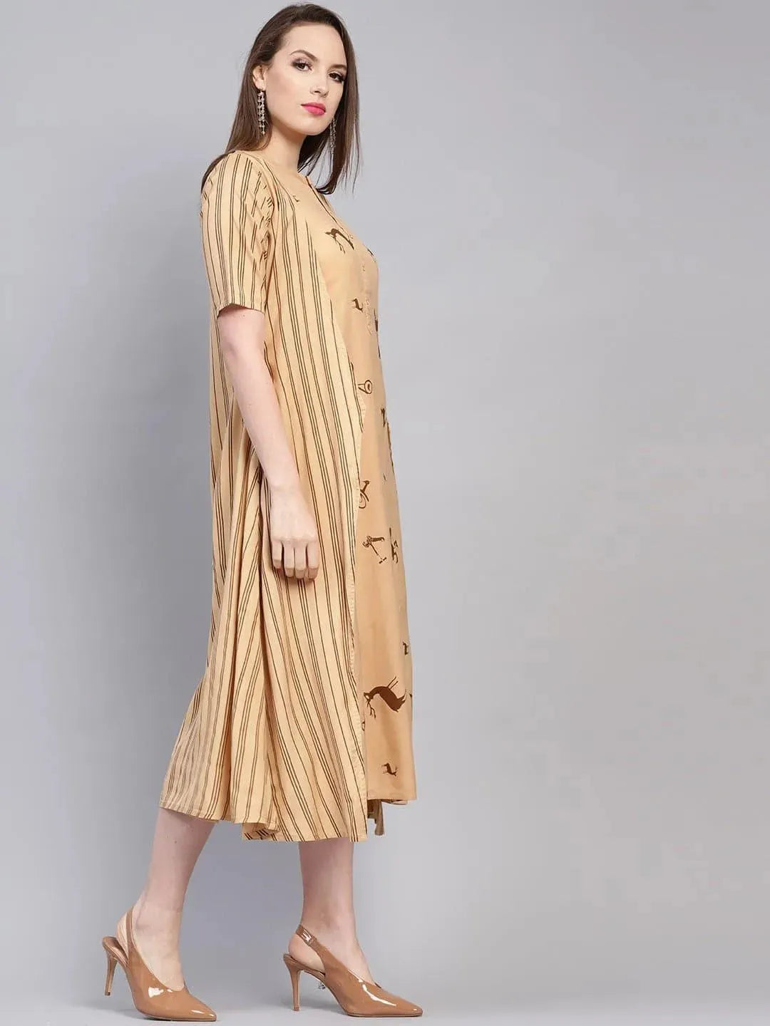 Anouk Beige Printed Rayon Dress With Jacket