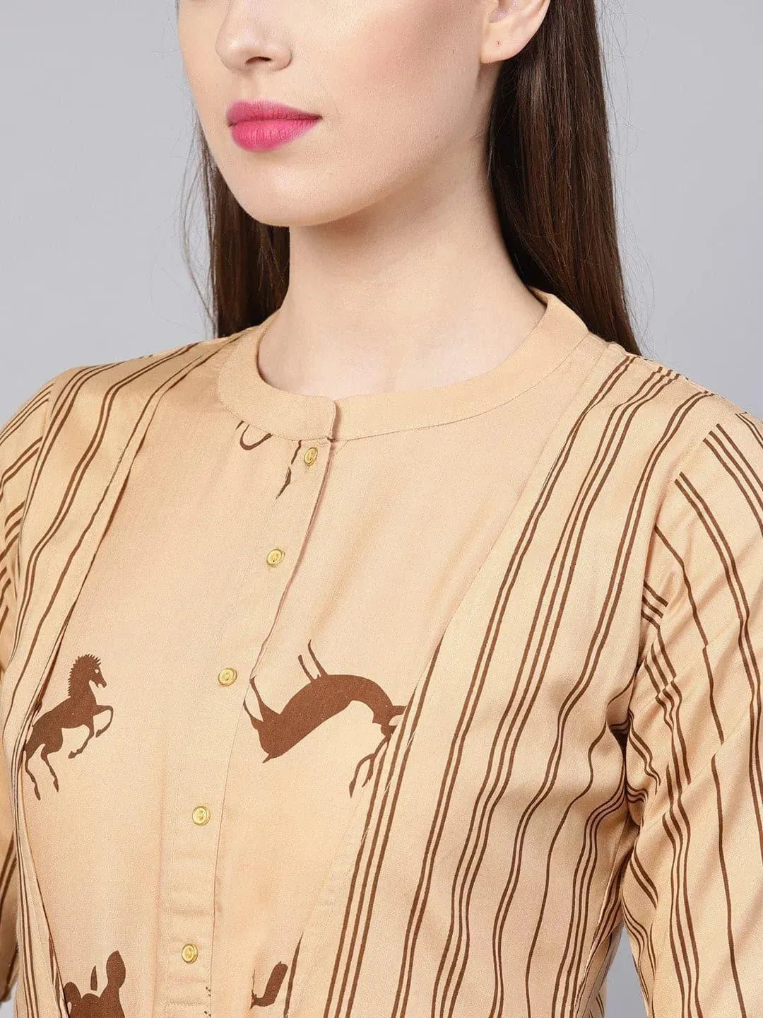 Anouk Beige Printed Rayon Dress With Jacket
