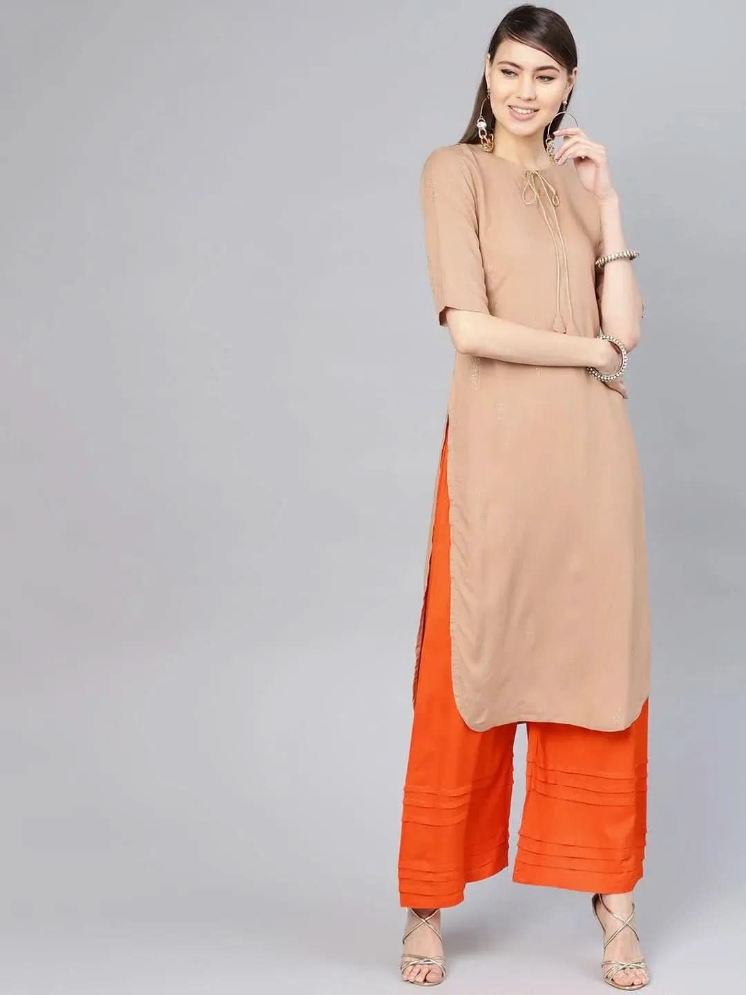 Anouk Beige Printed Rayon Pathani Kurta With Palazzos