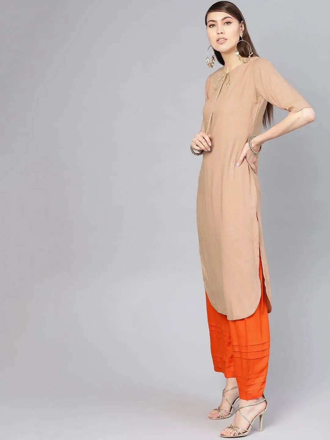 Anouk Beige Printed Rayon Pathani Kurta With Palazzos