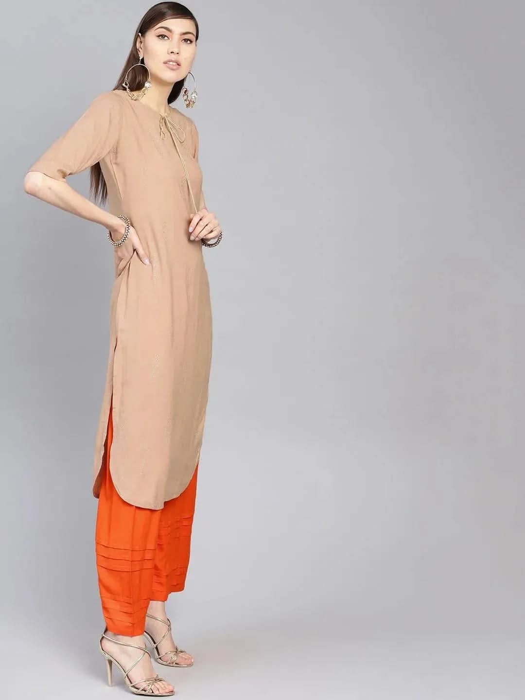 Anouk Beige Printed Rayon Pathani Kurta With Palazzos