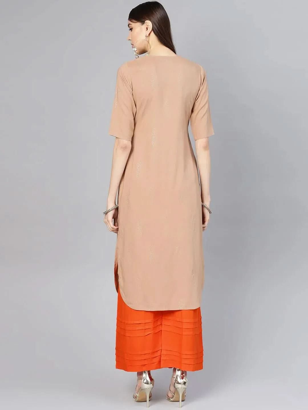 Anouk Beige Printed Rayon Pathani Kurta With Palazzos