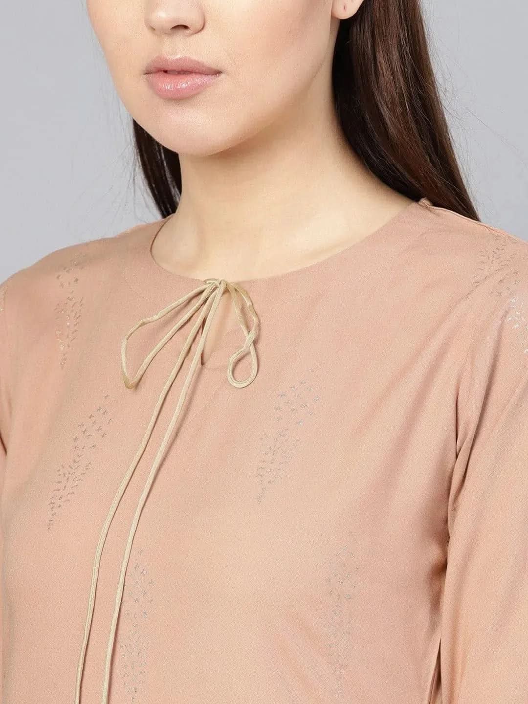 Anouk Beige Printed Rayon Pathani Kurta With Palazzos