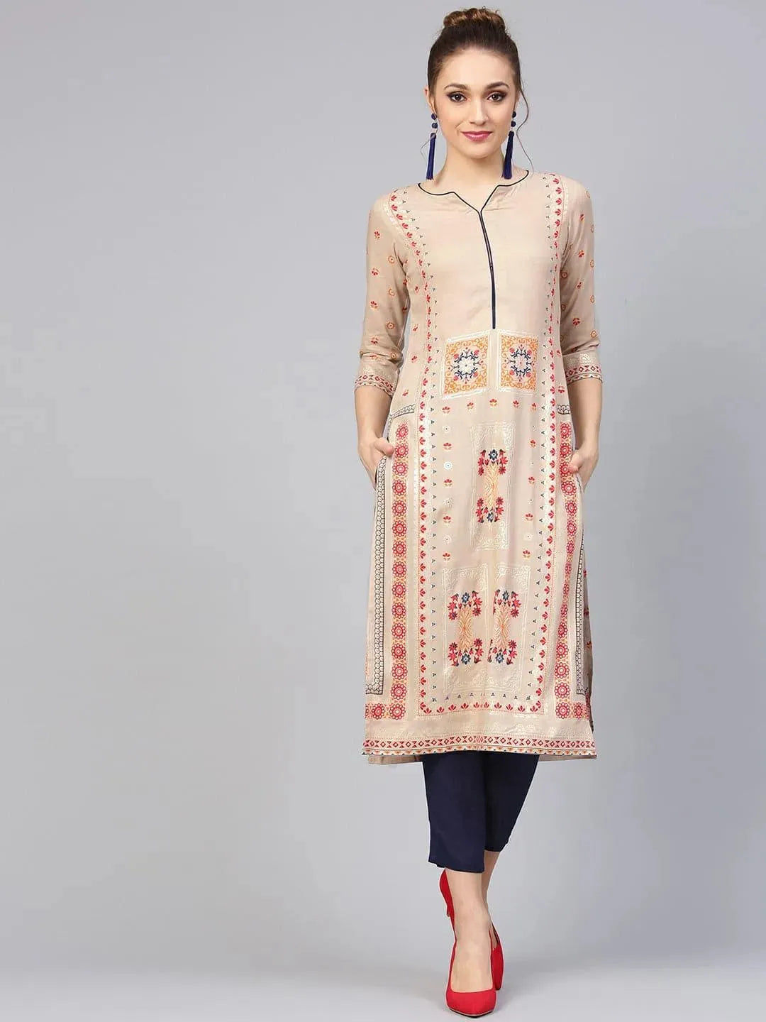 Anouk Beige Printed Rayon Straight Kurta With Trousers