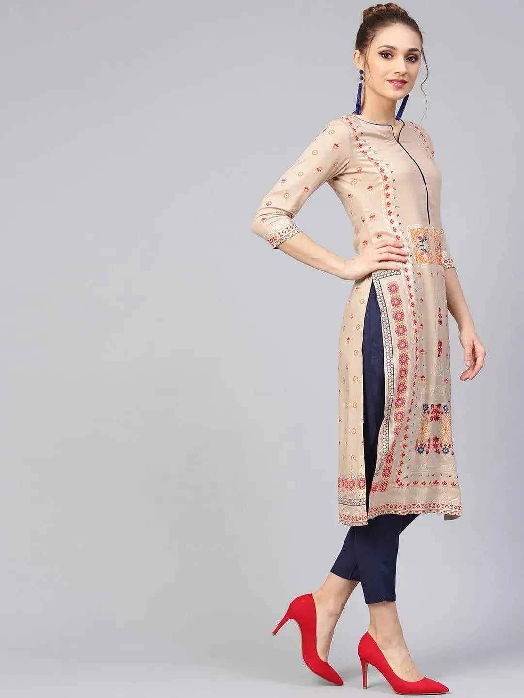 Anouk Beige Printed Rayon Straight Kurta With Trousers