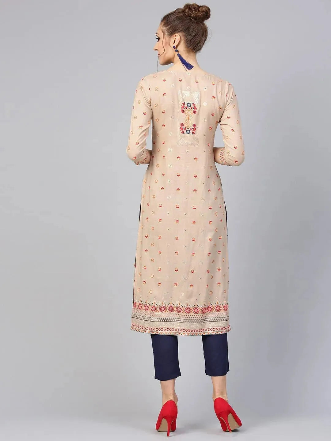 Anouk Beige Printed Rayon Straight Kurta With Trousers