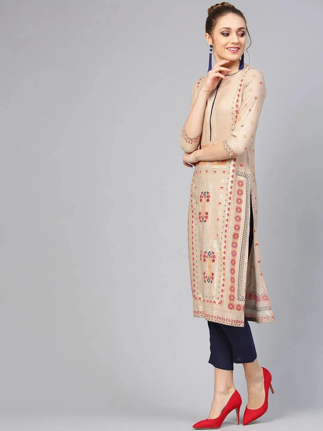 Anouk Beige Printed Rayon Straight Kurta With Trousers