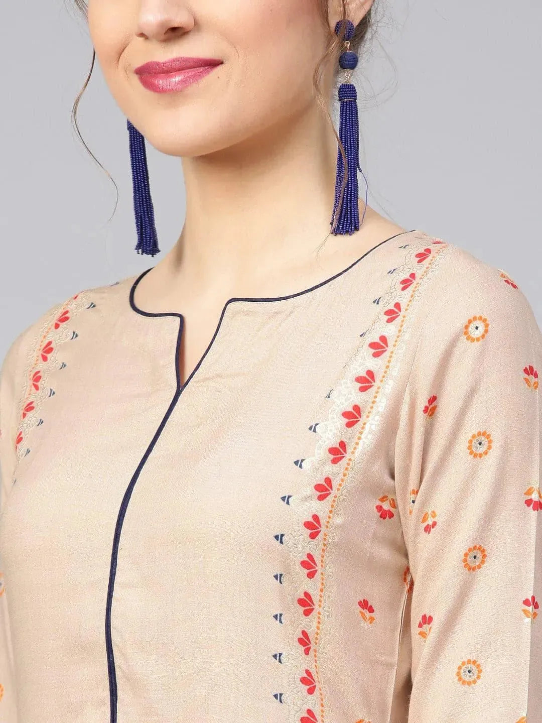 Anouk Beige Printed Rayon Straight Kurta With Trousers