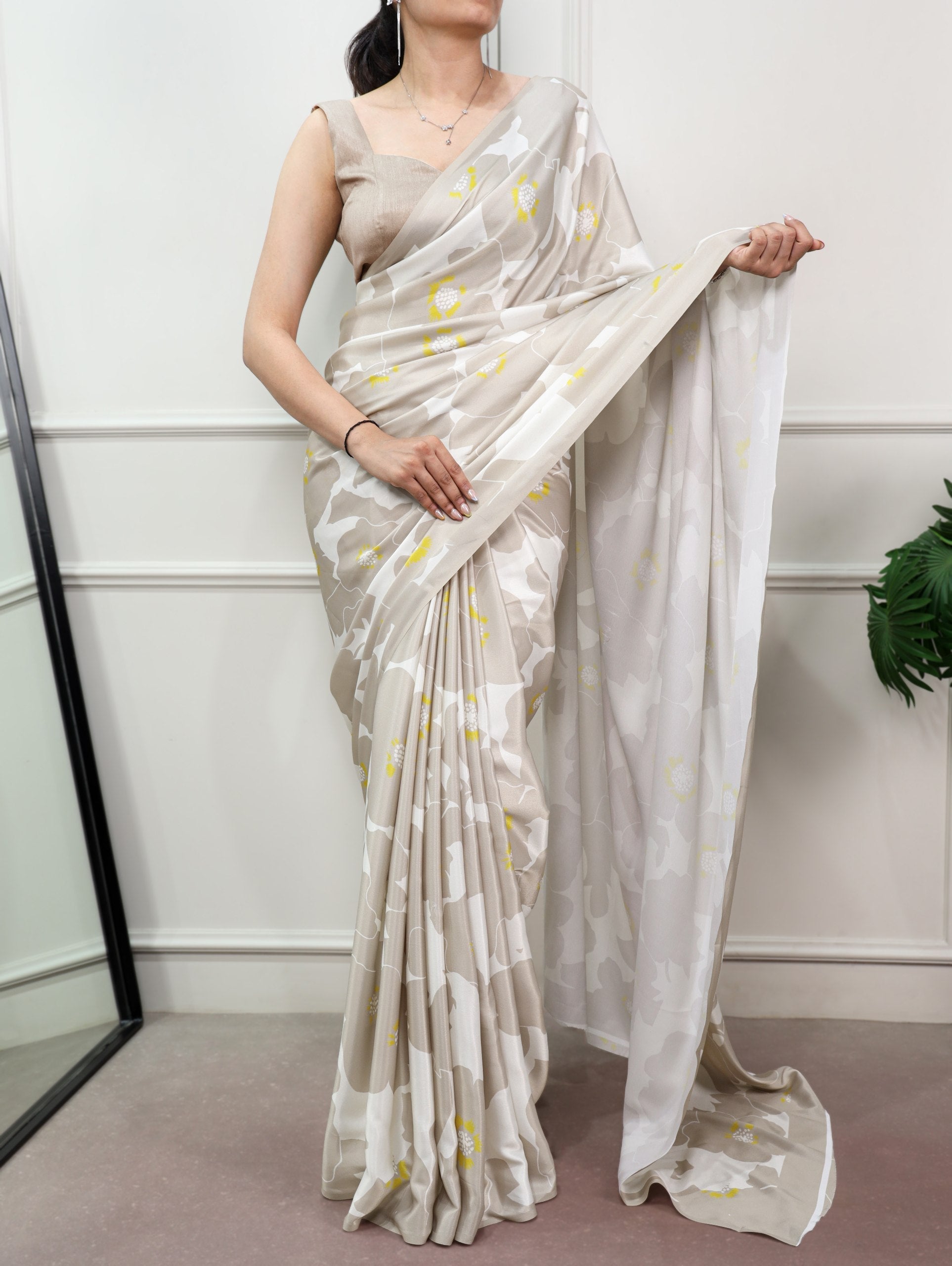 Beige Printed Satin Silk Saree