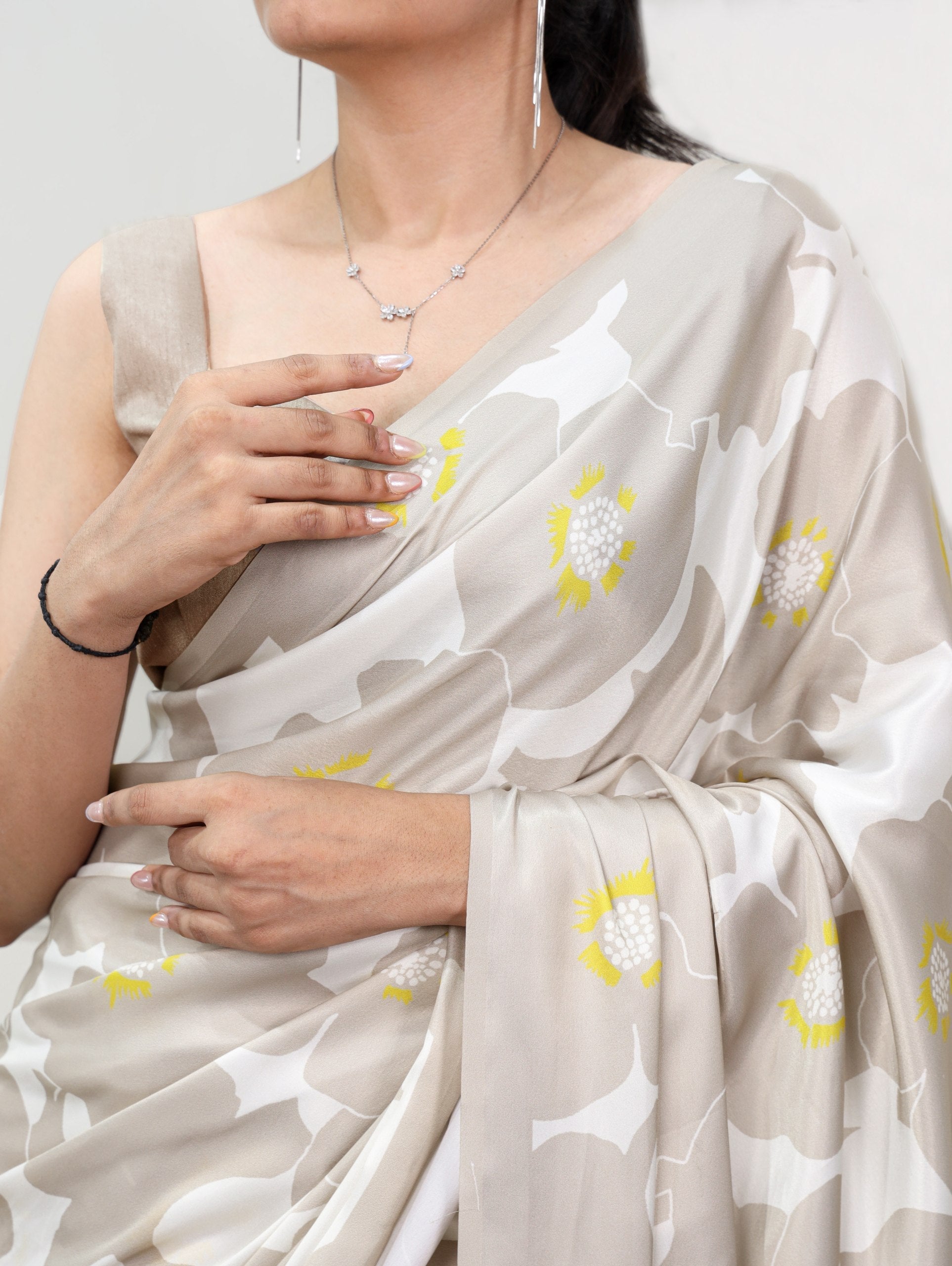 Beige Printed Satin Silk Saree
