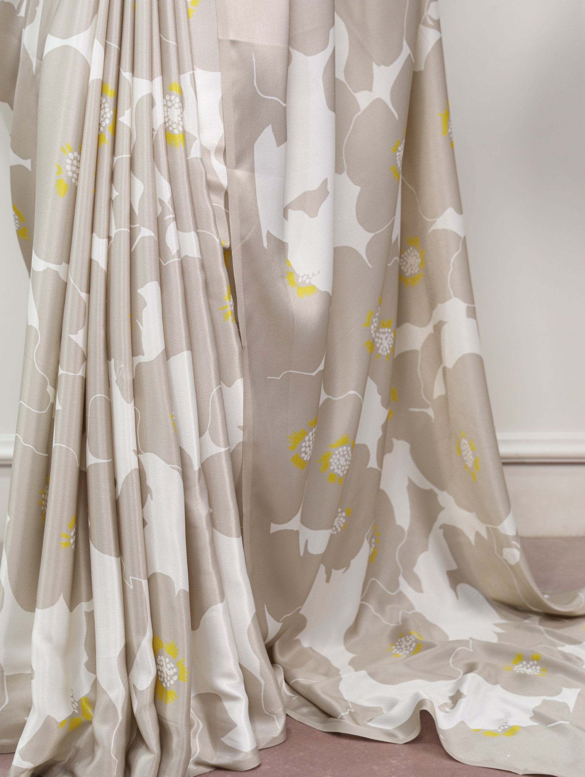 Beige Printed Satin Silk Saree