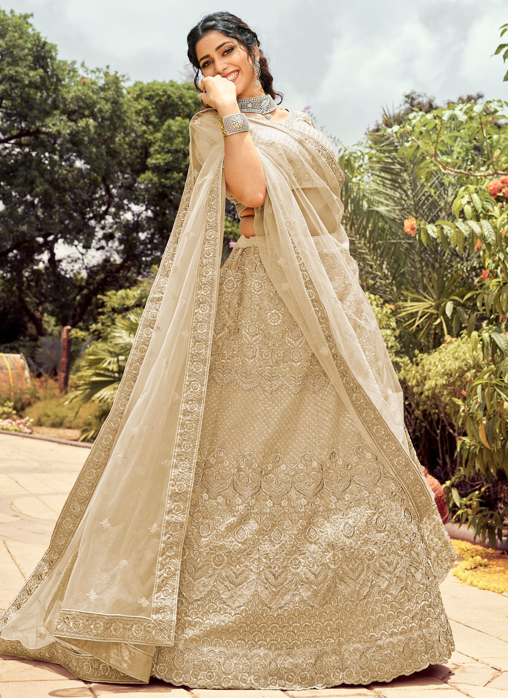 Beige Embroidered Organza Semi Stitched Lehenga