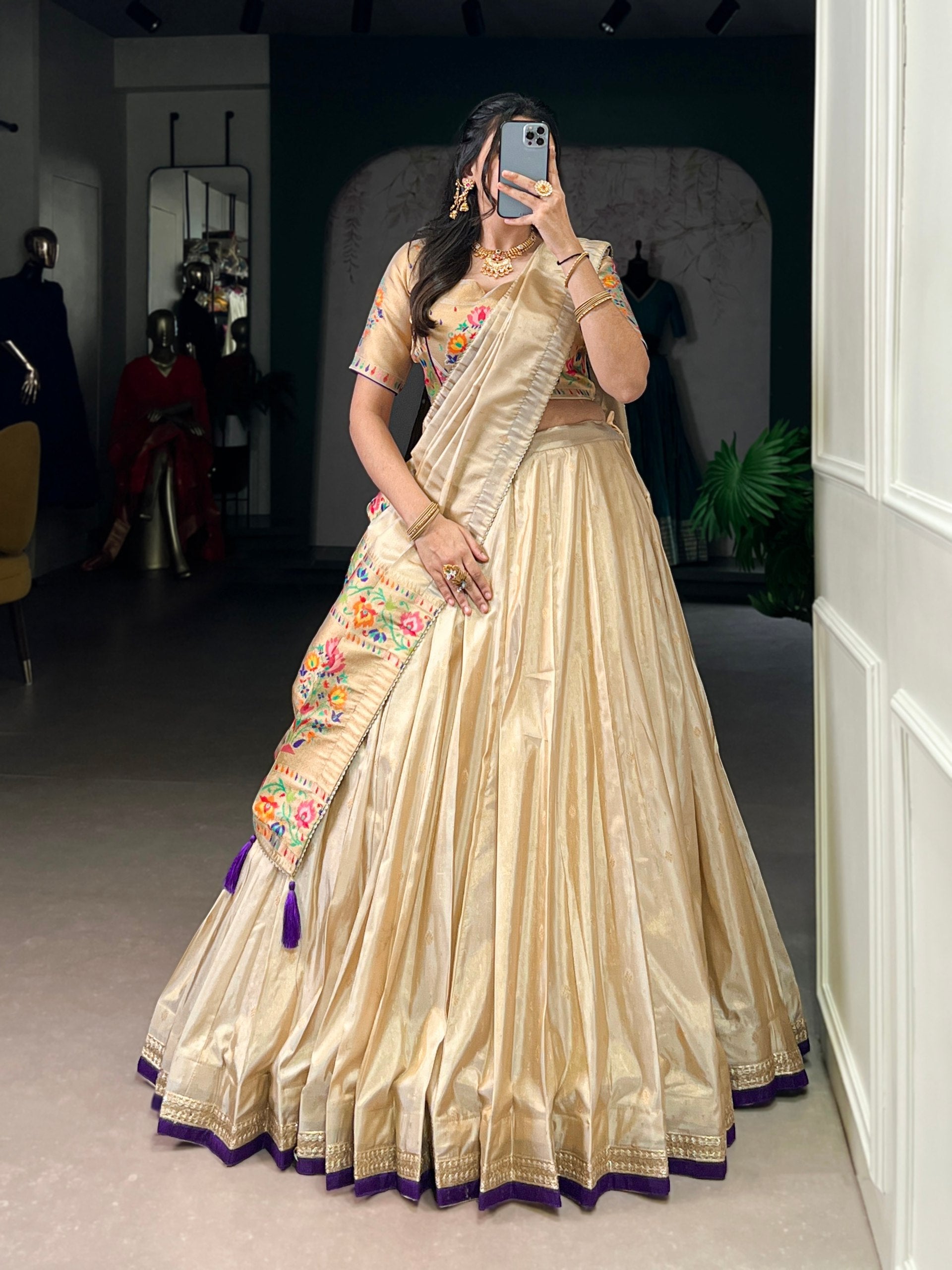 Beige Royal Gold Shimmer Paithani Zari Weaving Lehenga Choli Set with Tassel Dupatta – Stitched Ensemble with Canvas & Can-can Flair