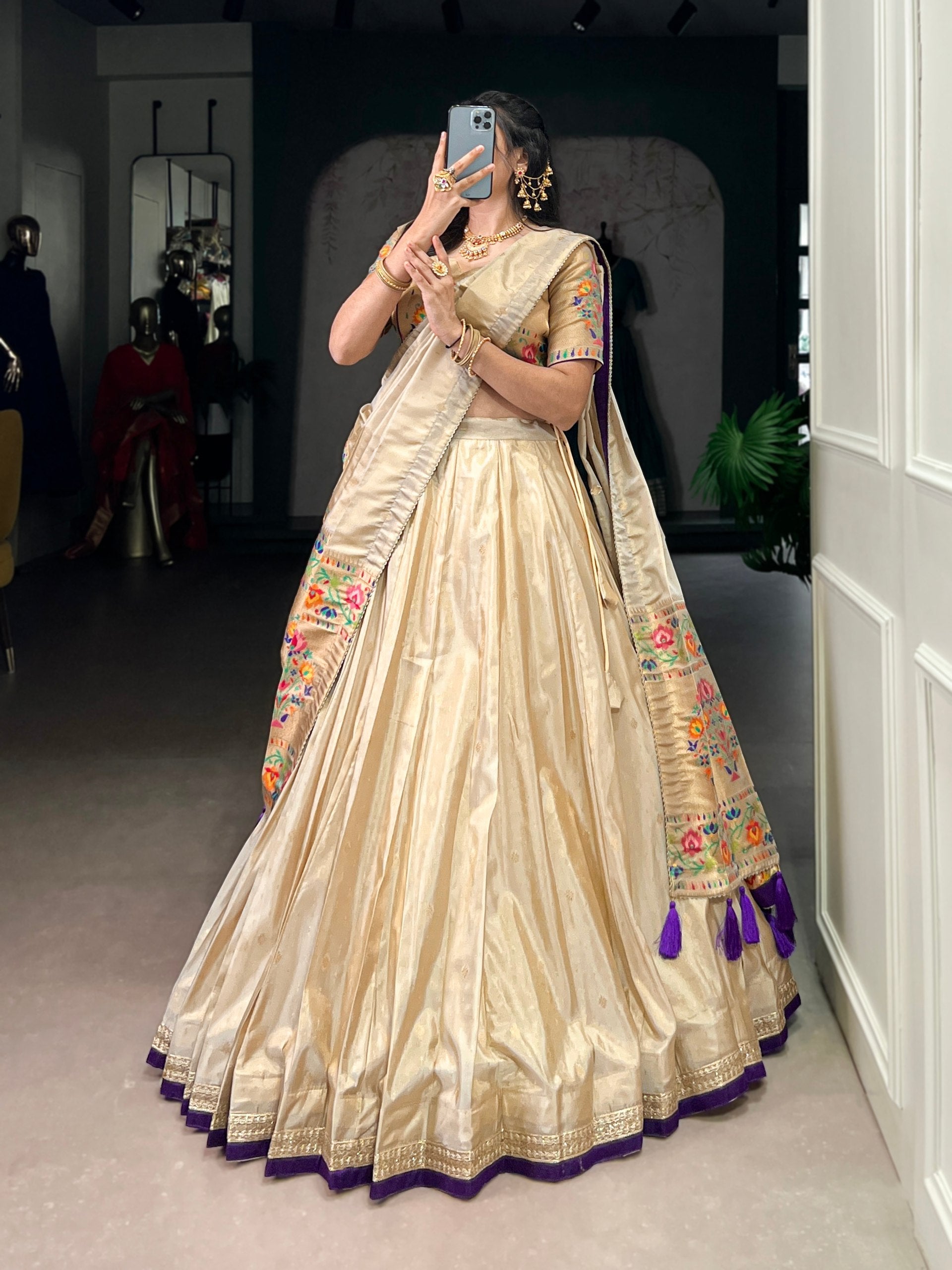 Beige Royal Gold Shimmer Paithani Zari Weaving Lehenga Choli Set with Tassel Dupatta – Stitched Ensemble with Canvas & Can-can Flair