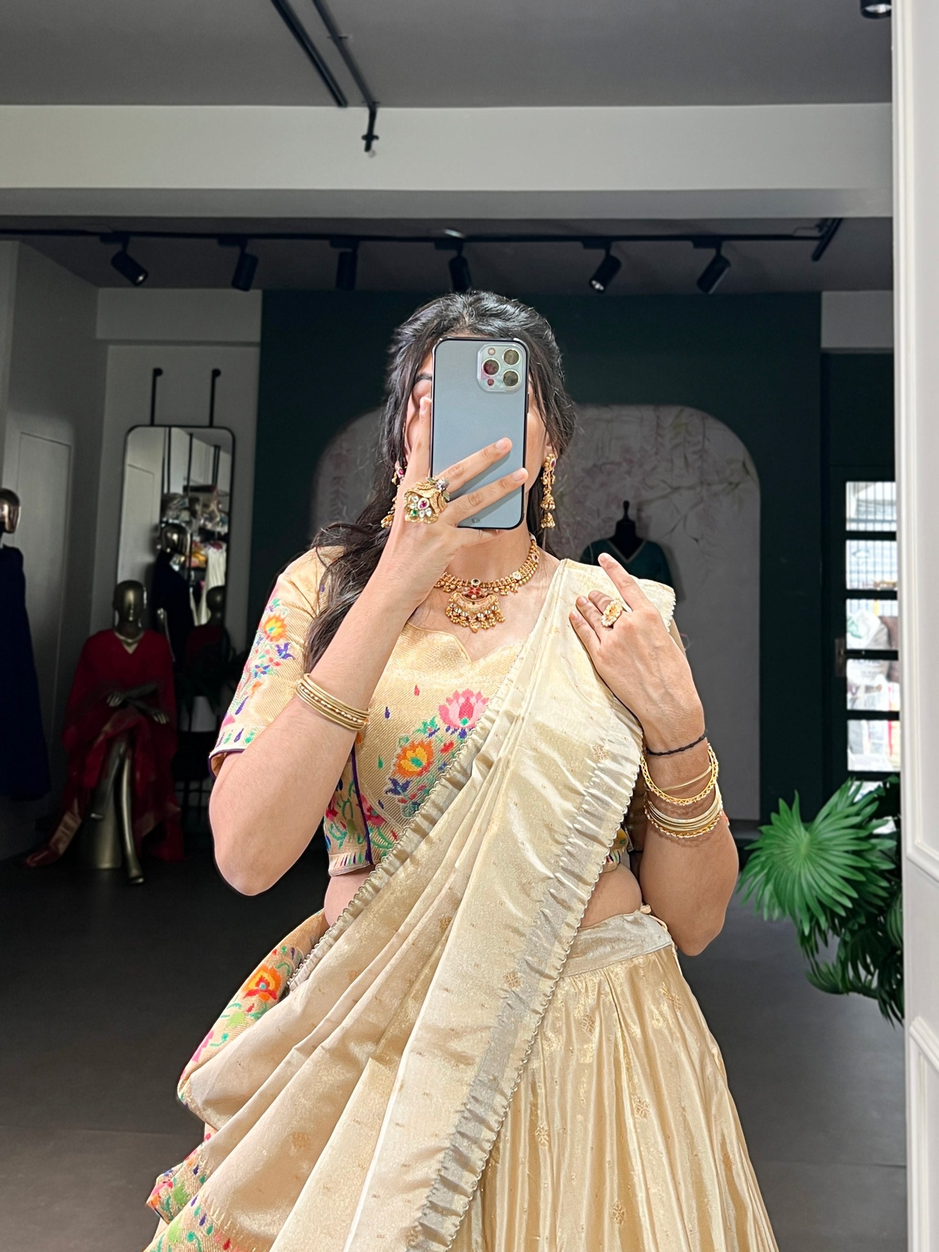 Beige Royal Gold Shimmer Paithani Zari Weaving Lehenga Choli Set with Tassel Dupatta – Stitched Ensemble with Canvas & Can-can Flair