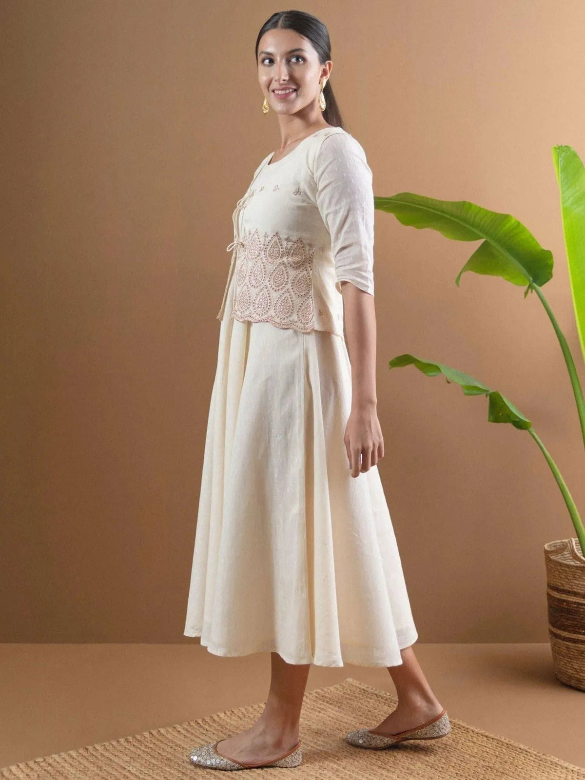 Anouk Beige Solid Cotton Jacket Dress With Mask