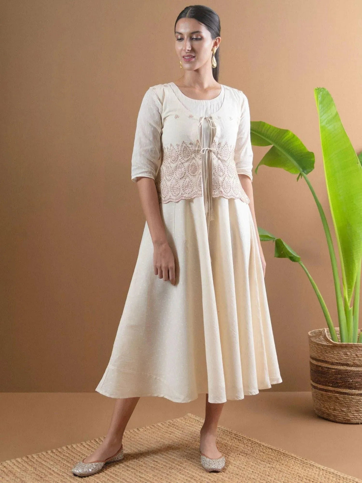 Anouk Beige Solid Cotton Jacket Dress With Mask