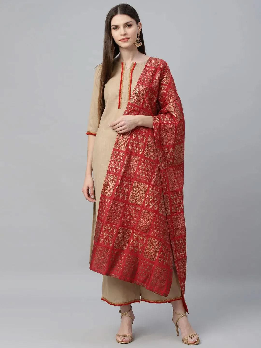 Anouk Beige Solid Cotton Straight Kurta With Palazzos & Dupatta