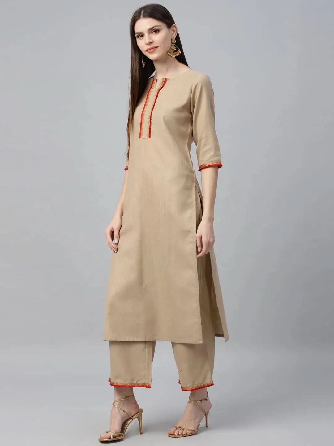 Anouk Beige Solid Cotton Straight Kurta With Palazzos & Dupatta