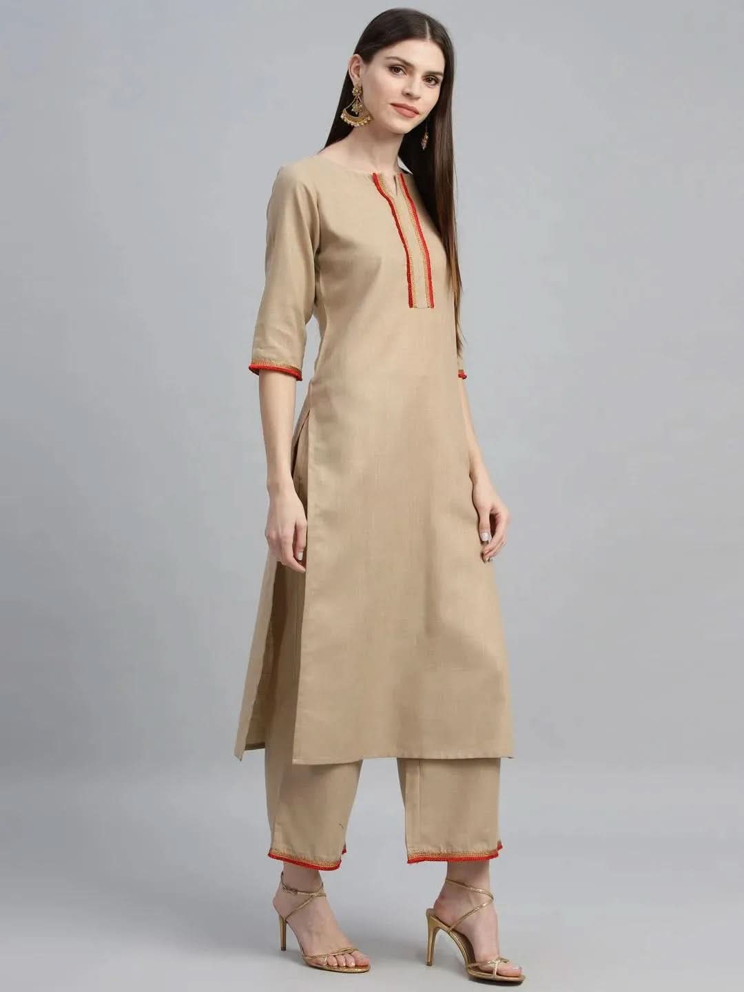 Anouk Beige Solid Cotton Straight Kurta With Palazzos & Dupatta