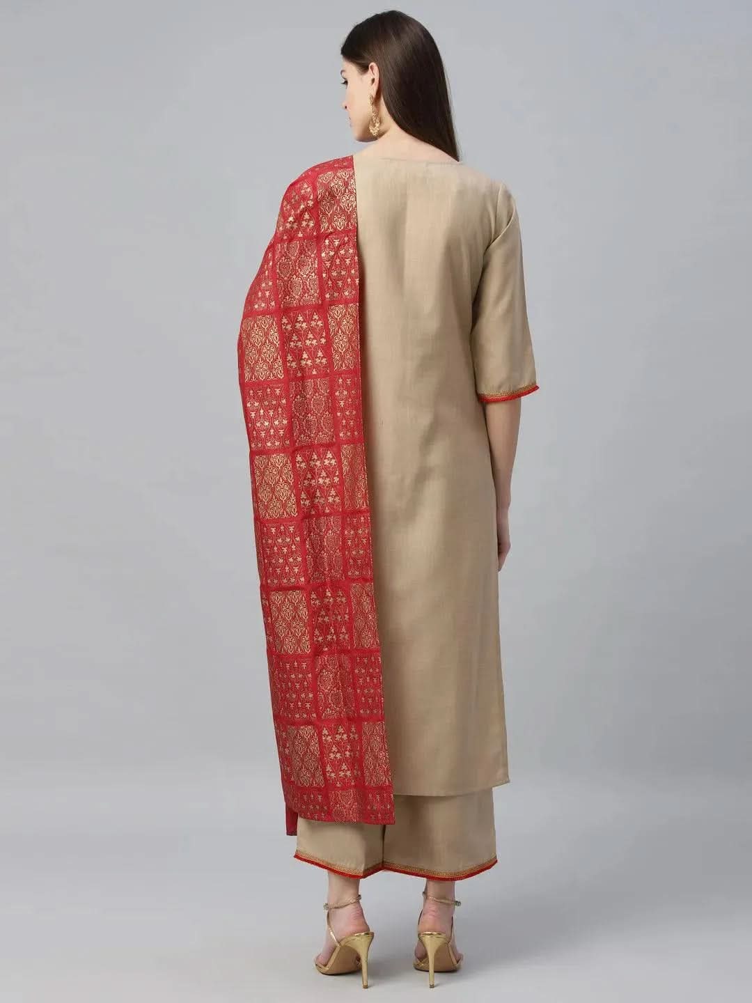 Anouk Beige Solid Cotton Straight Kurta With Palazzos & Dupatta