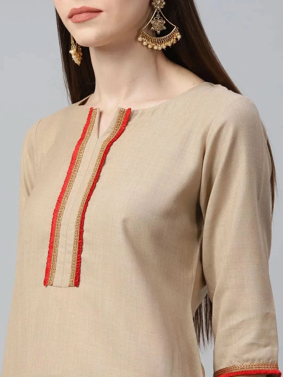 Anouk Beige Solid Cotton Straight Kurta With Palazzos & Dupatta