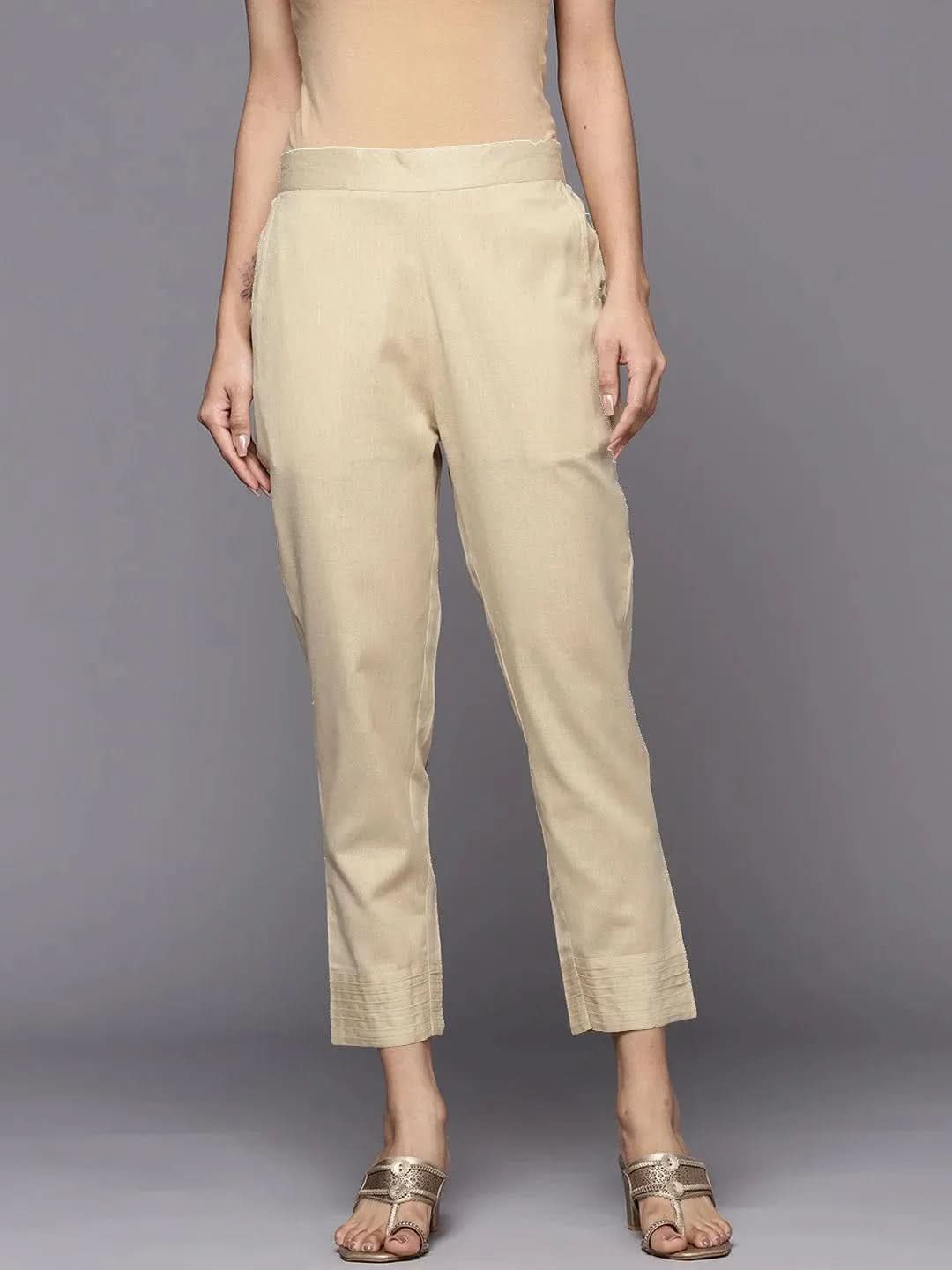 Anouk Beige Solid Cotton Trousers