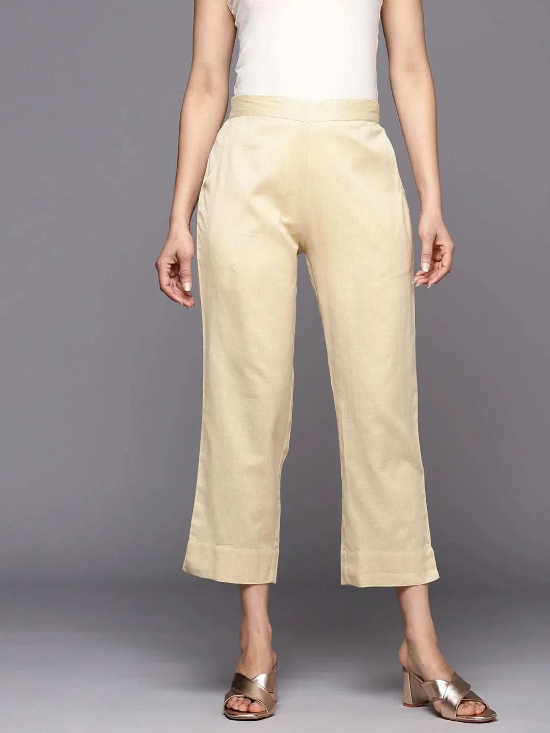 Anouk Beige Solid Cotton Trousers